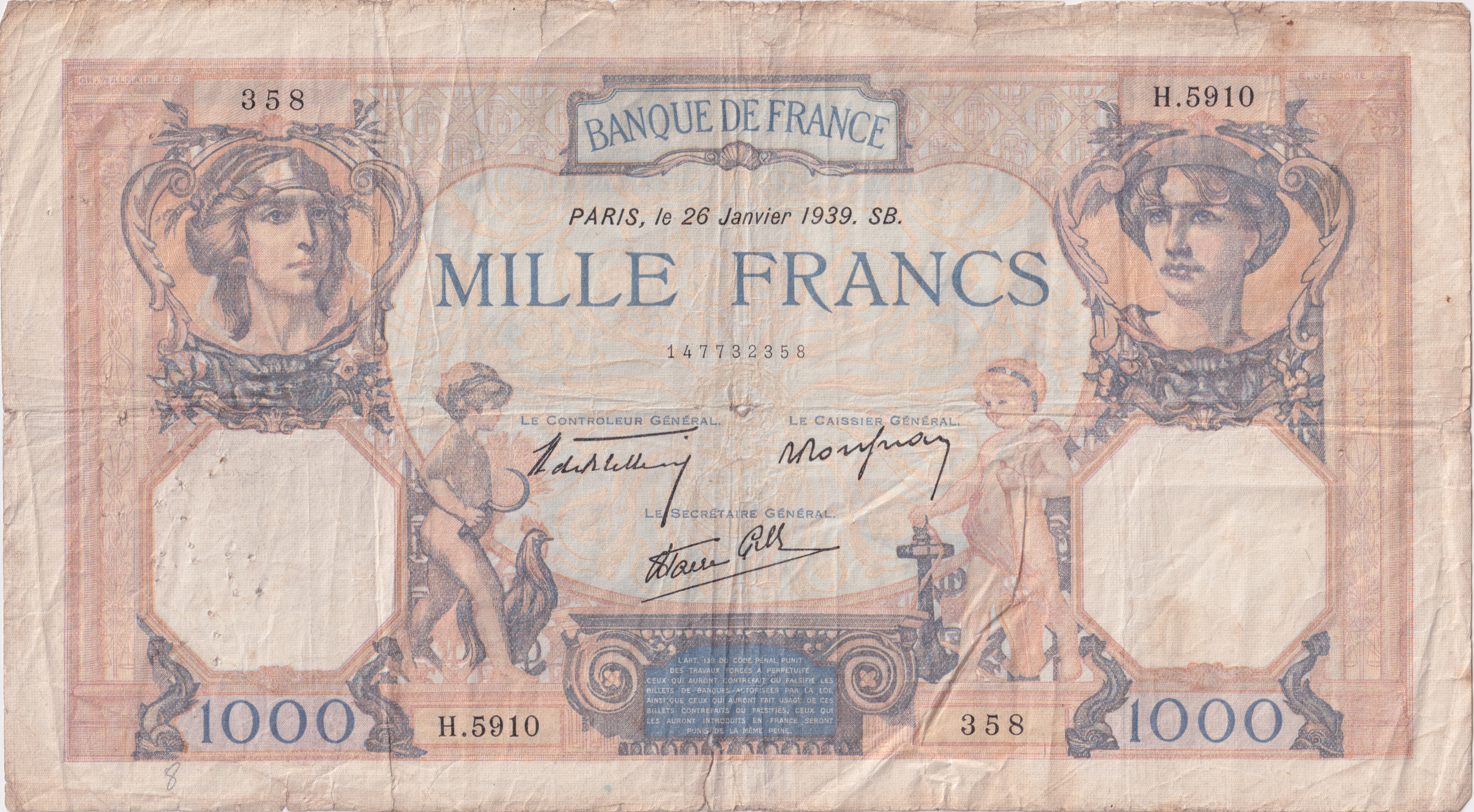1000 francs - Cérès et Mercure